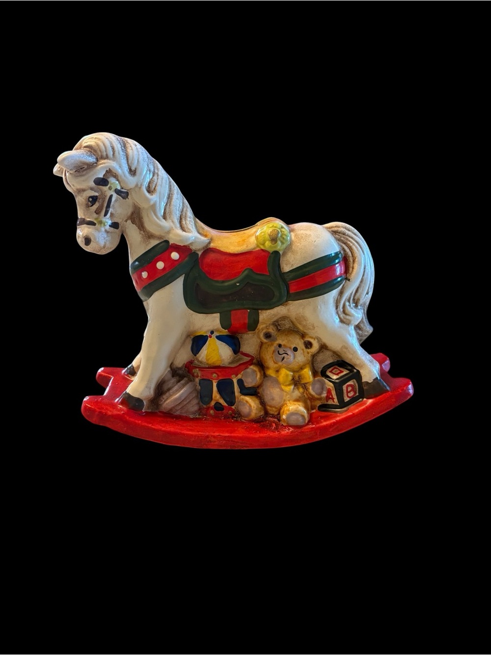 Ceramic White and Red Rocking Horse Figurine piggy bank with Toy Accents. 1980